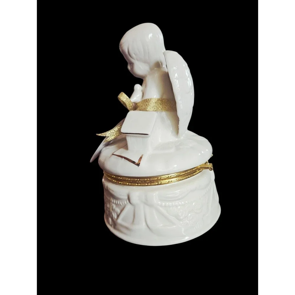 Vintage Style Ceramic Angel Trinket Box, White & Gold Angel Keepsake Box